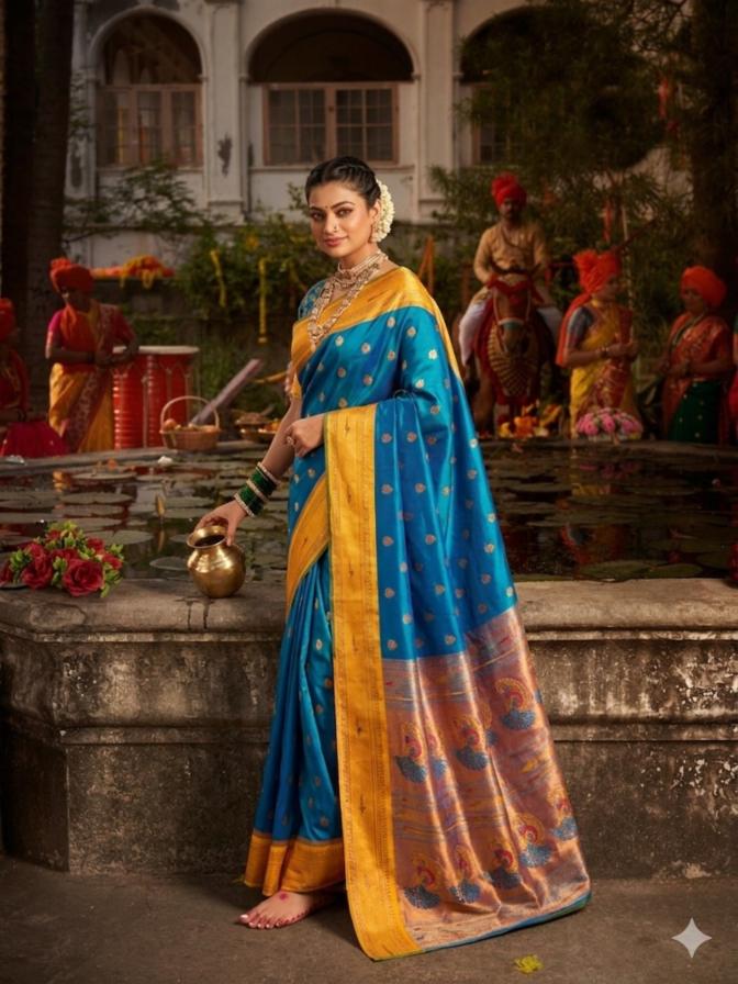 Premium Silk Paithani Saree with Traditional Zari Border and Zari Butta â Green Border, Blouse Included