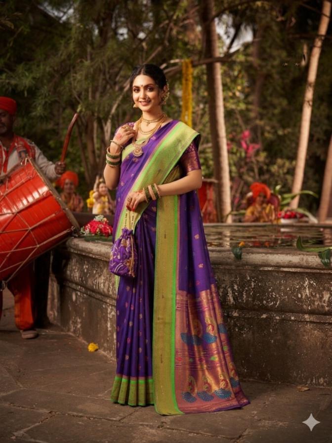 Pure Silk Paithani Saree with Zari Buttas and Traditional Border