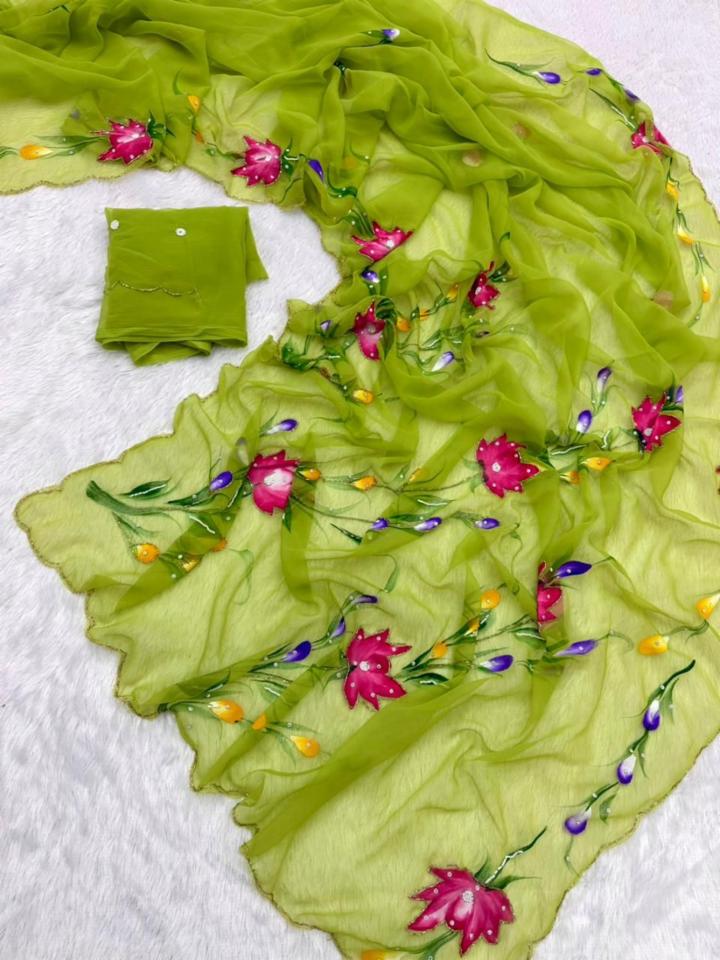 Handwork Pure Chiffon Saree with Handbrush Flower Design