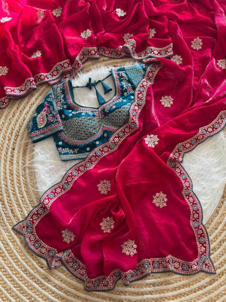 Designer Embroidered Satin Saree with Heavy Border and Stitched Blouse