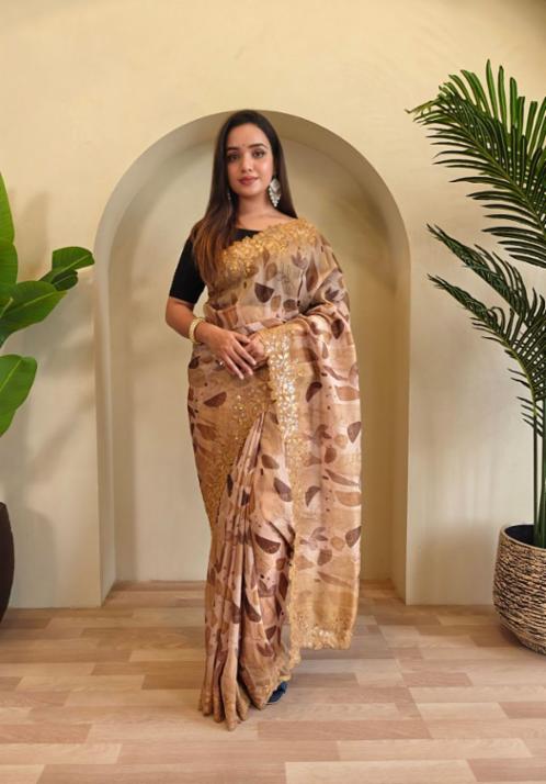 Hand Crafted Magic Gold Organza Saree with Digital Print and Embroidery