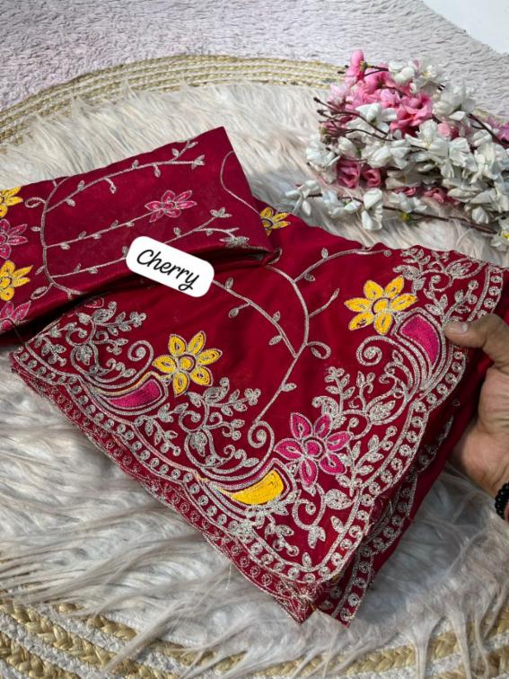 Satin Chiffon Saree with Chainstitch and Zaal Work