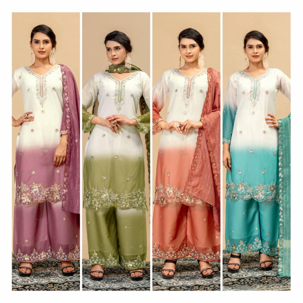 Star Georgette Beads work Kurti Plazzo Dupatta Set 