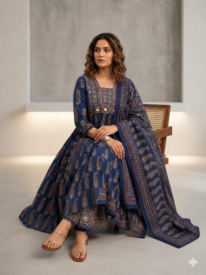 Pure Cotton Anarkali Dress with Mirror Work, Plazo, and Dupatta