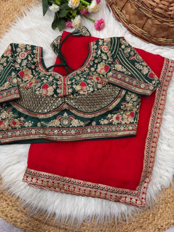 Embroidered Sequence Work Satin Saree with Stitched Blouse!