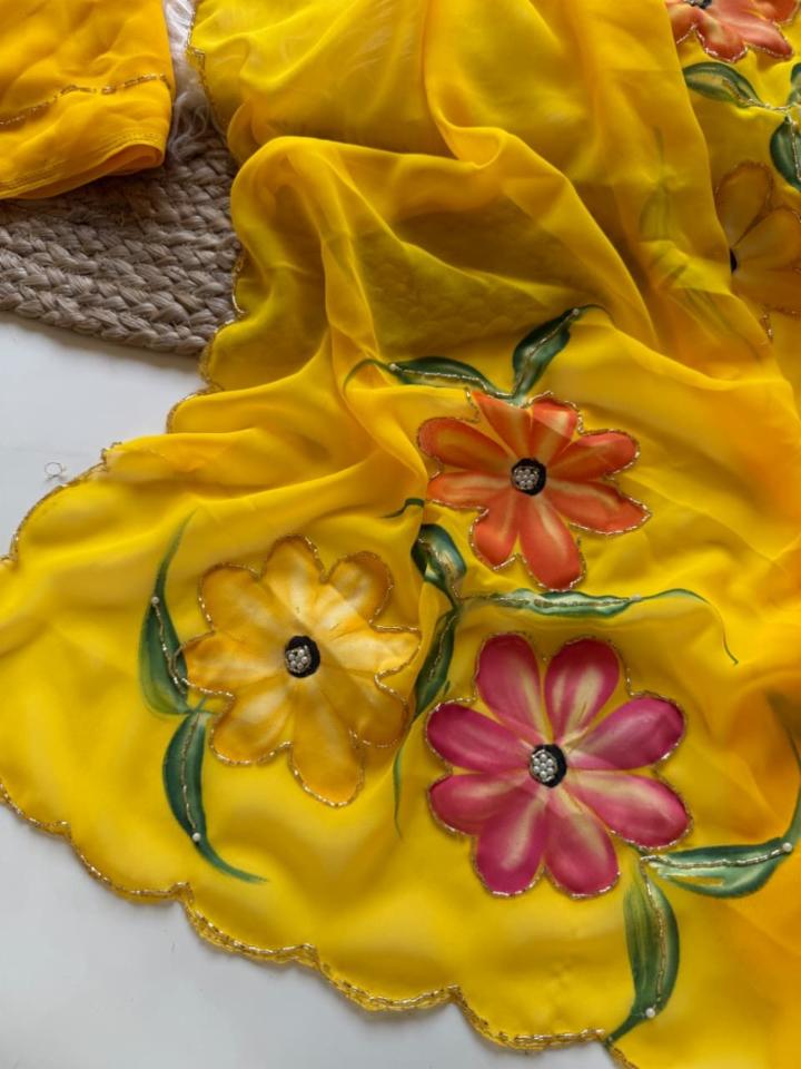 Pure Chiffon Handwork Saree with Printed Floral Design!