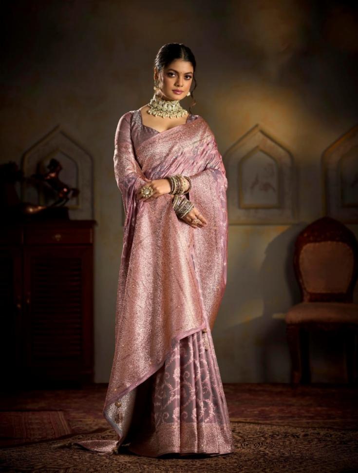 Premium banarasi silk zari weaving saree with zari border and attached matching Blouse piece Pink copper colour
