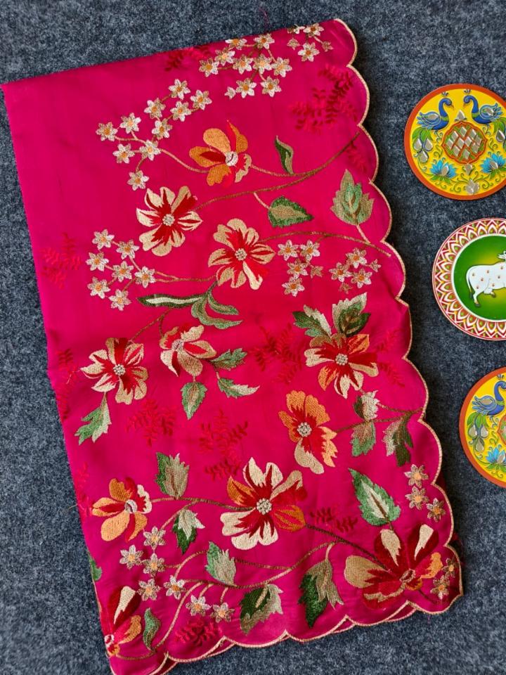 Matka Silk Saree with Floral Embroidery and Scalloped Border