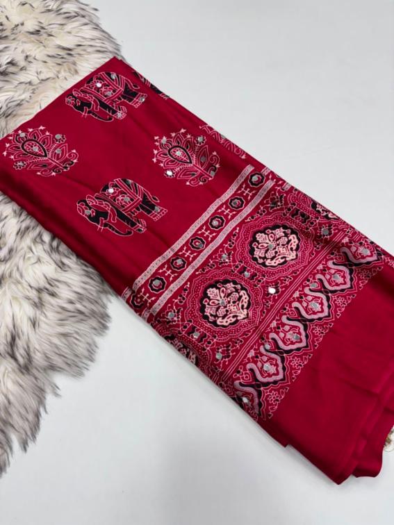 Ajrakh Satin Viscose Silk Saree with Designer Print & Mirror Work