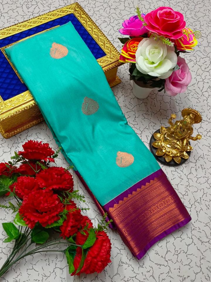 Dharmavaram Wedding Original Korvai Soft Silk Saree with Royal Butta & Pink Copper Jari Border