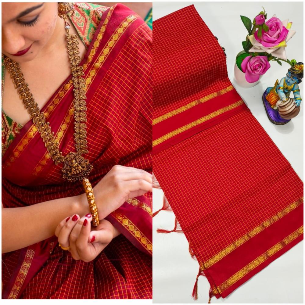 Arani Checked Cotton Saree with Jari Pallu and Running Blouse