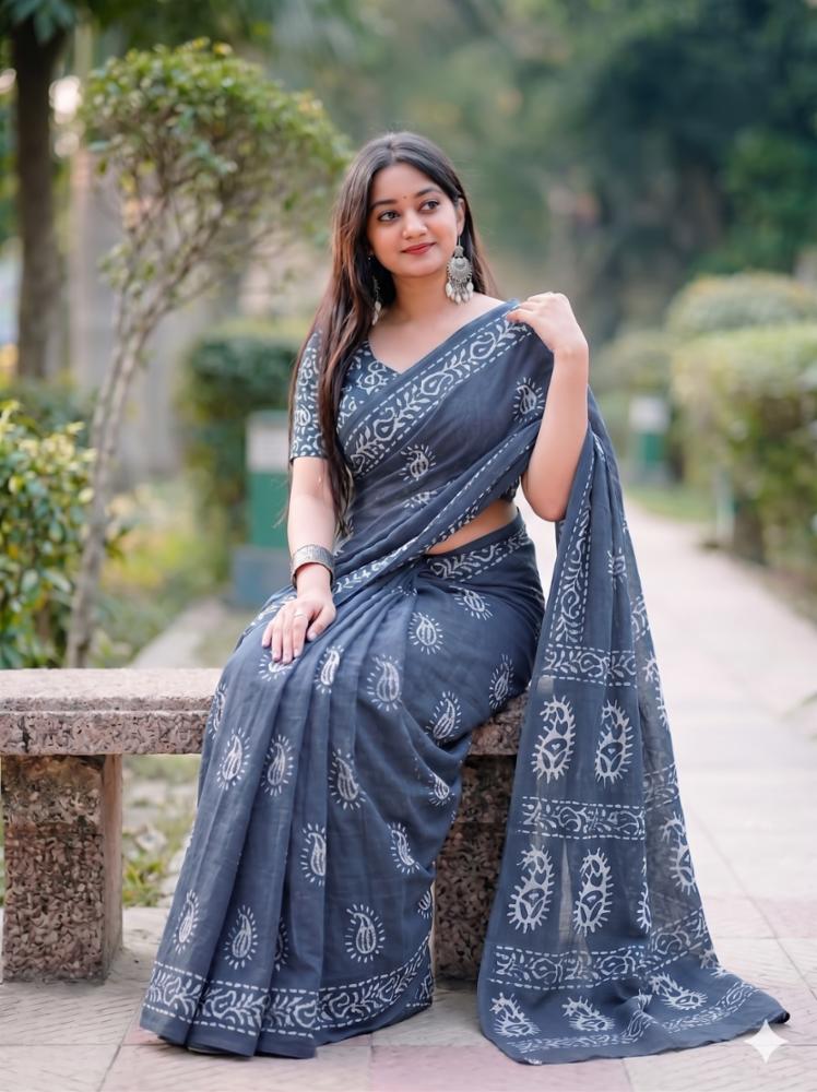Pure Mulmul Cotton Daily Wear Printed Saree with Separate Blouse Piece