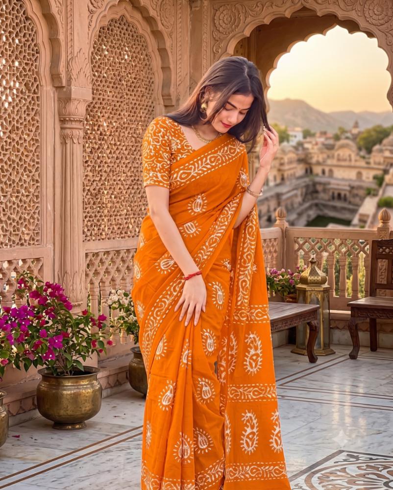 Pure Mulmul Cotton Printed Saree with Separate Blouse Piece