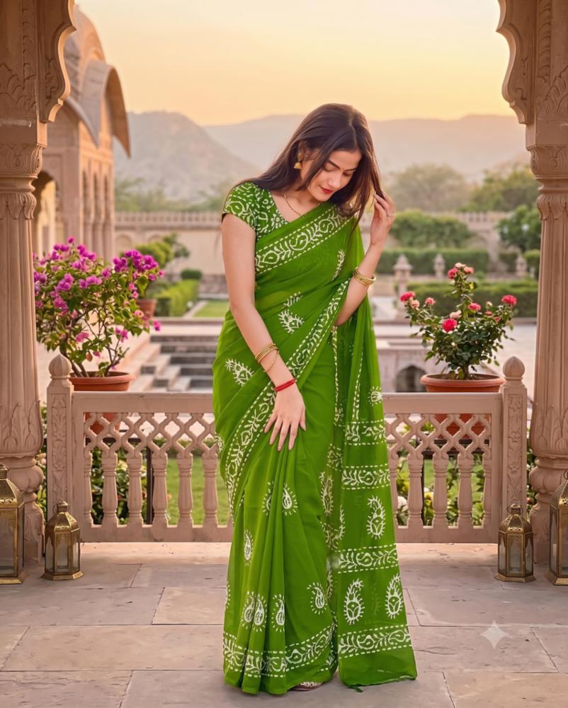 Pure Mulmul Cotton Printed Saree with Separate Printed Blouse Piece