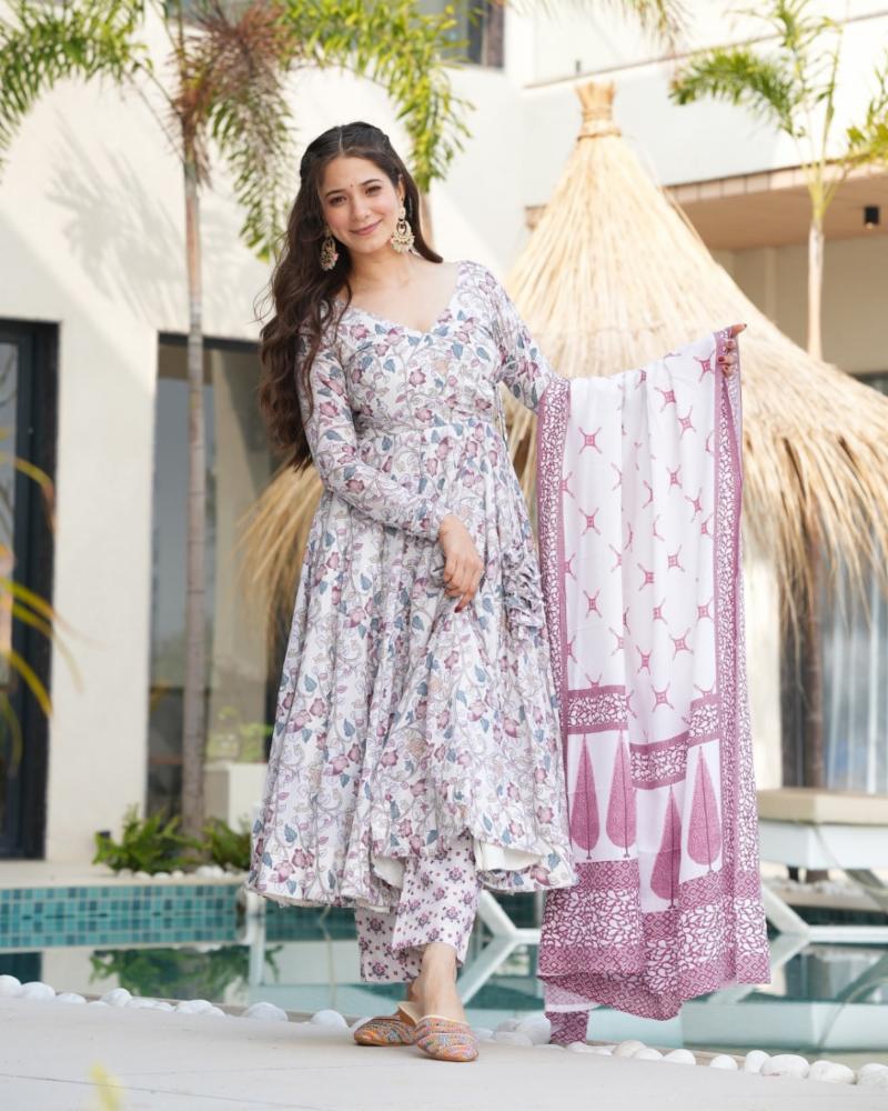 Women Floral Print Anarkali Kurta Set with Pant and Dupatta