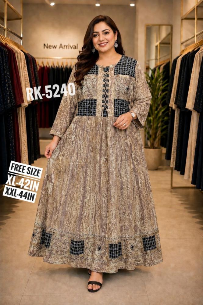 Rayon Cotton Mix Long Embroidery Gown with Belt