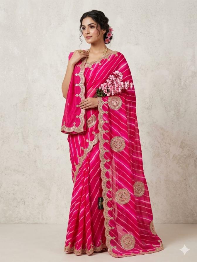 Georgette Lahriya Saree with Gota Patti Work and Unstitched Blouse