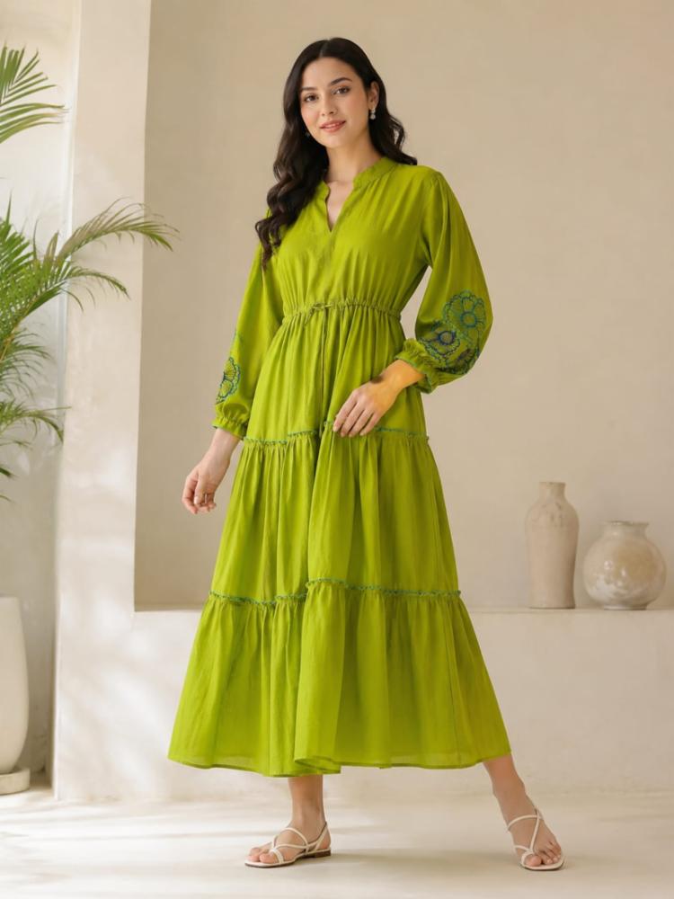 Green Cotton Embroidered Tiered Midi Dress with Tassel Tie-Up, Lime Green, M-XXL, 46 Inch Length