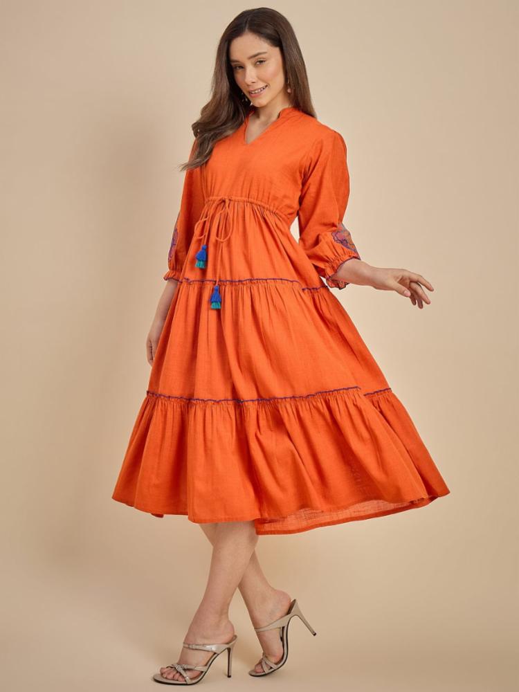 Orange Tiered Midi Dress with Tassel Detail, Solid Pattern, Sizes XS-7XL