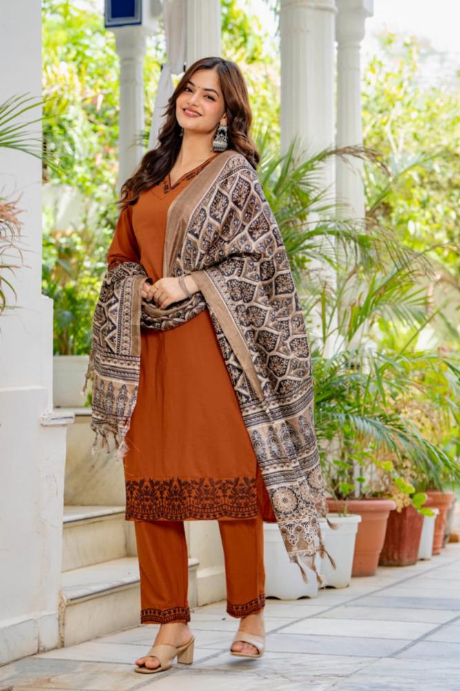 Women's Rust Brown Embroidered Kurta Pant Set with Printed Dupatta, Straight Fit, Festive Wear