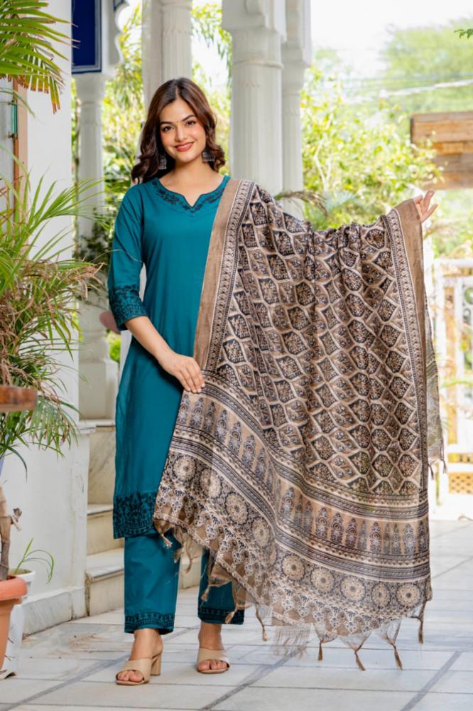 Teal Blue Cotton Blend Straight Kurta Set with Embroidery and Printed Dupatta