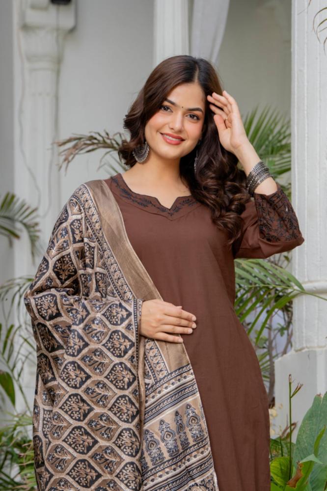 Coffee Brown Straight Kurta Set with Embroidered Neckline and Printed Dupatta