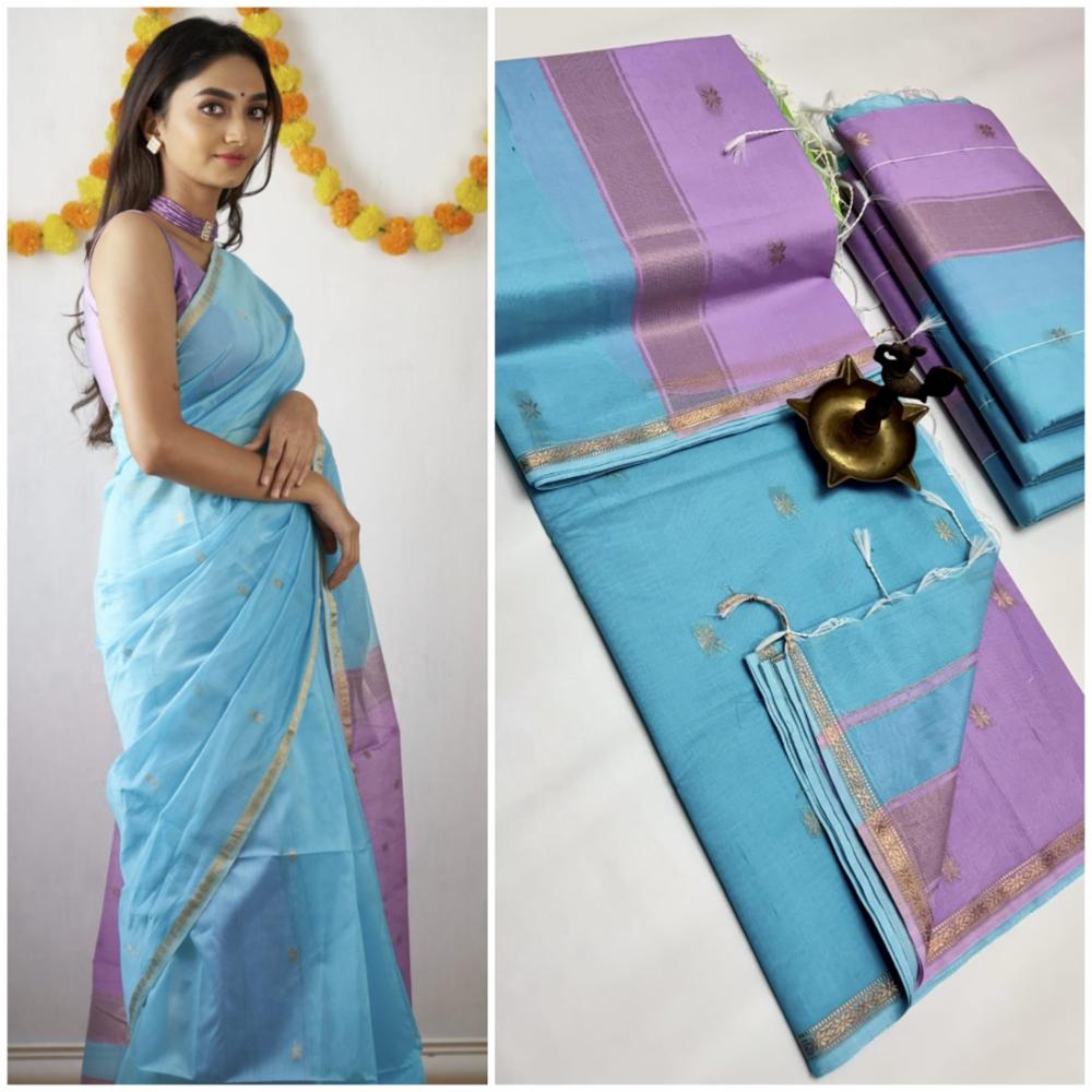 Maheshwari Silk Cotton Saree with Jari Butta and Contrast Pallu