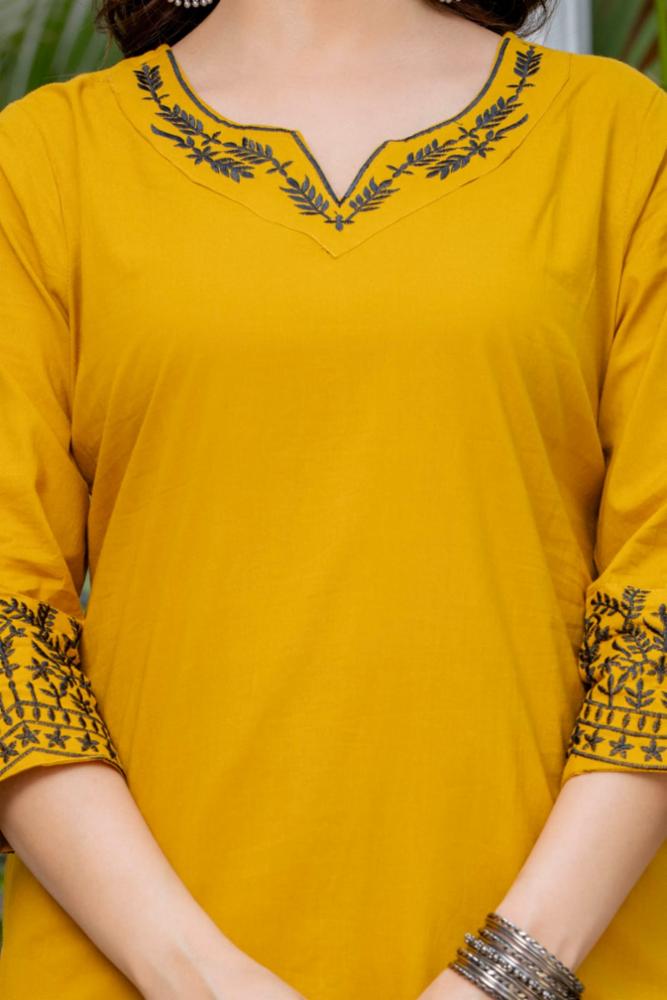 Mustard Yellow Cotton Blend Straight Kurta Set with Printed Dupatta