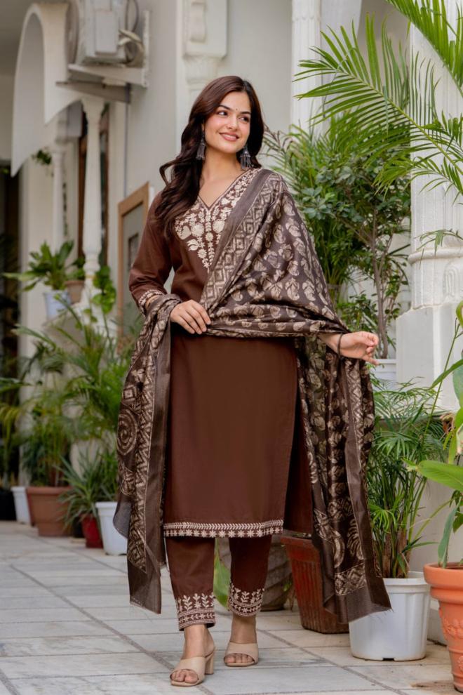 Chocolate Brown Embroidered Kurta Set with Woven Dupatta