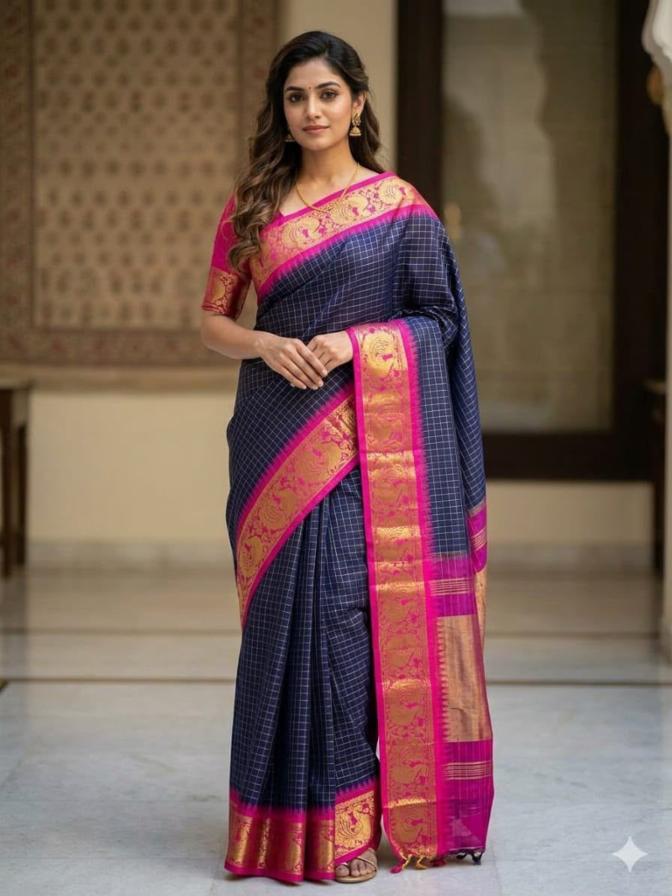 Fancy Checked Silk Saree with Copper Zari Border and Running Blouse