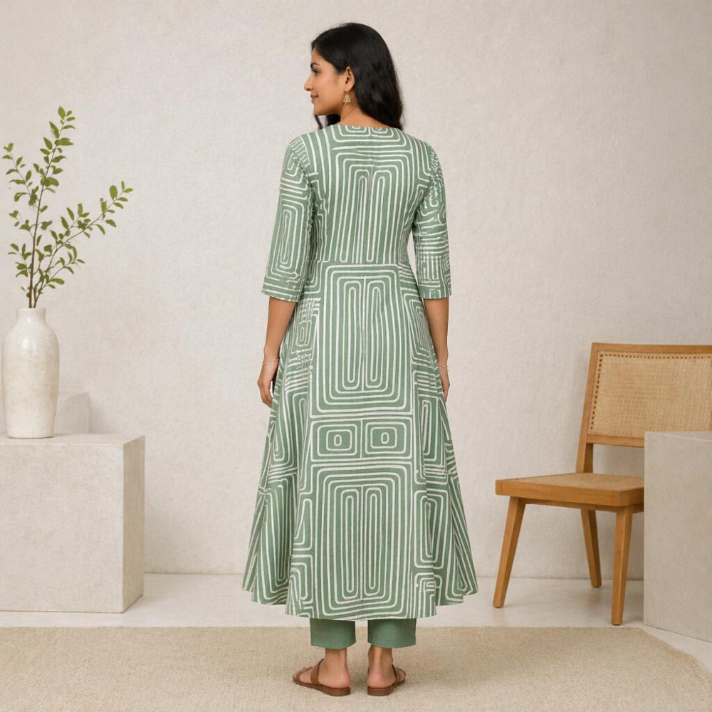 Sage Green Geometric Print A-Line Kurta with Pants, Cotton Blend, M-XXL