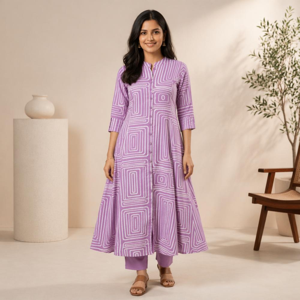 Purple Geometric Printed A-Line Kurta with Matching Pants, Cotton Blend, Sizes M-XXL