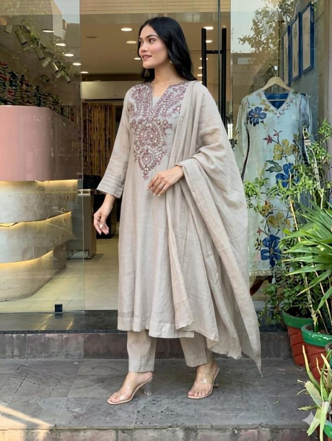 Beige Colour Pure Muslin Cotton 3 Piece Suit.with Heavy Embroidery On Neck And Duppta.