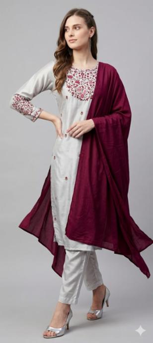 Rayon Embroidery Kurta Dupatta Set with Pant