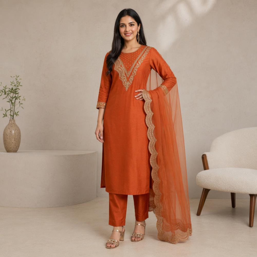 Tesla Silk Kurta Dupatta Set with Heavy Neck Embroidery and Cutwork Dupatta