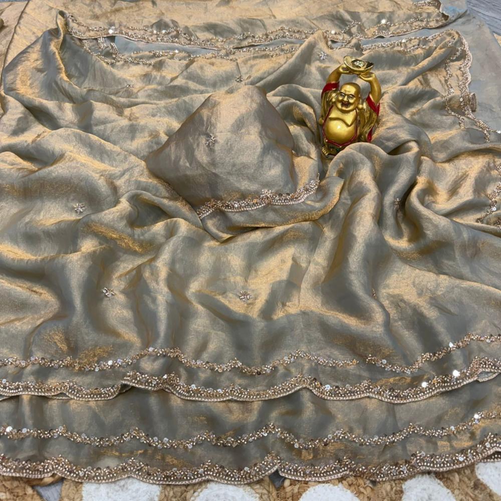 Party Wear Fandy Satin Silk Saree with Rose Gold Beads Work!