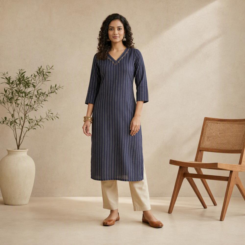 Navy Blue Rayon Kurti for Women with Side Slit
