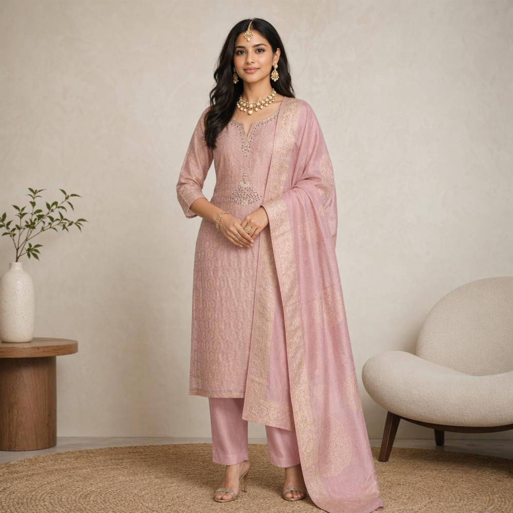 Banarasi Jacquard Designer Suit Set with Hand Zari Work, Top, Pant & Dupatta!