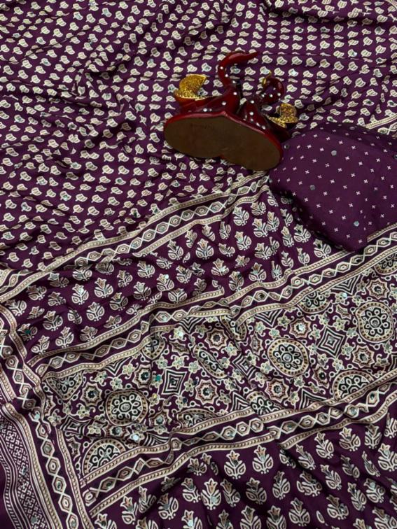 Soft Crepe Silk Saree with Ajarakh Print, Real Mirror Work!