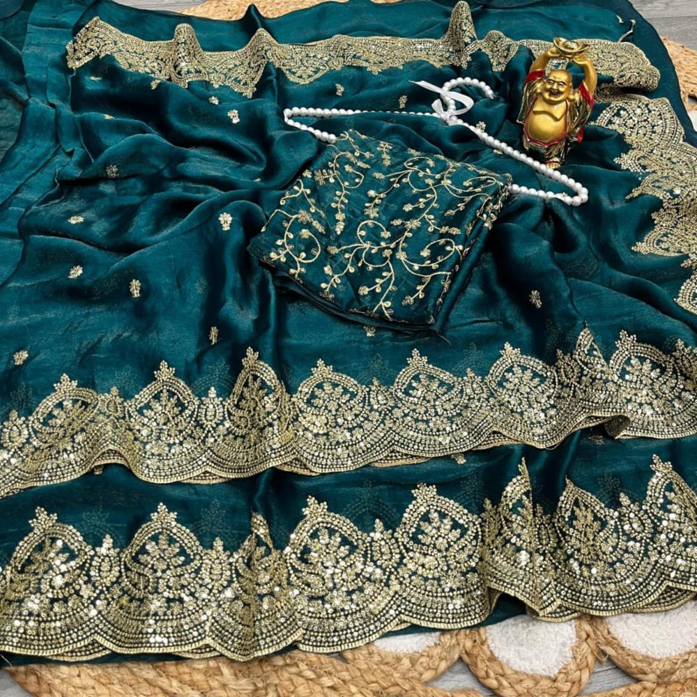 Trendy Pure Chiffon Saree with Sequence Zari Work and Embroidered Blouse