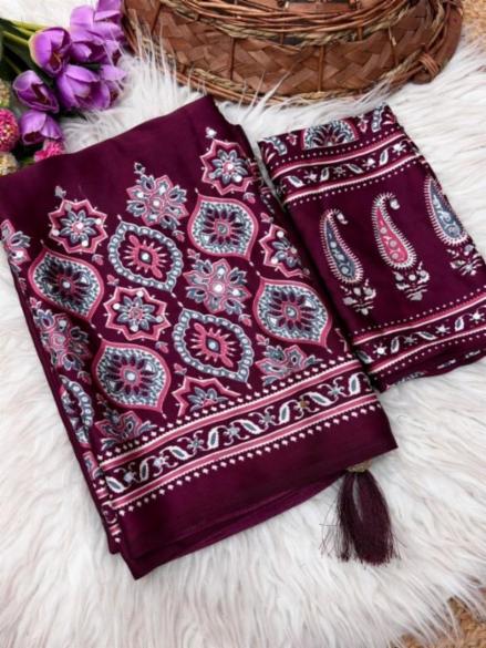 Japan Satin Saree with Mirror Work and Latkan