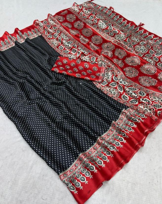 Japan Sattin Saree with Mirror Work and Latkan