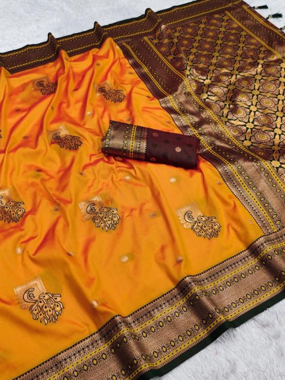 Morni Paithani Soft Banarasi Silk Saree with Zari & Meenakari Weaving