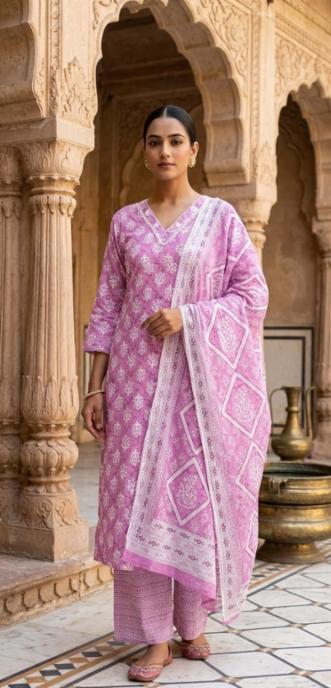 Elegant Cotton Printed Kurta Pant Dupatta Set