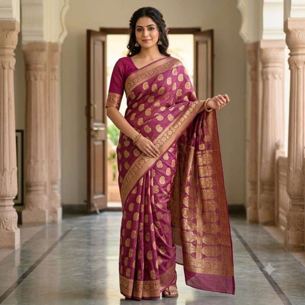 Maroon Muslin Silk Saree with Golden Pattern and Blouse!