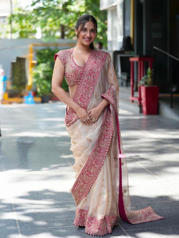 Organza Silk Saree with Embroidery Sequence Work and Unstitched Blouse