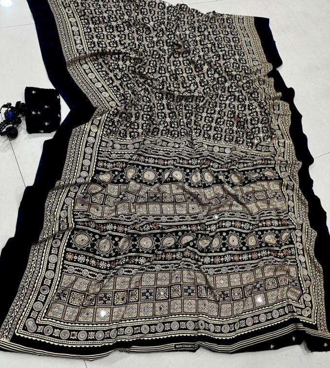 Soft Satin Crepe Silk Saree with Ajrakh Print and Mirror Work
