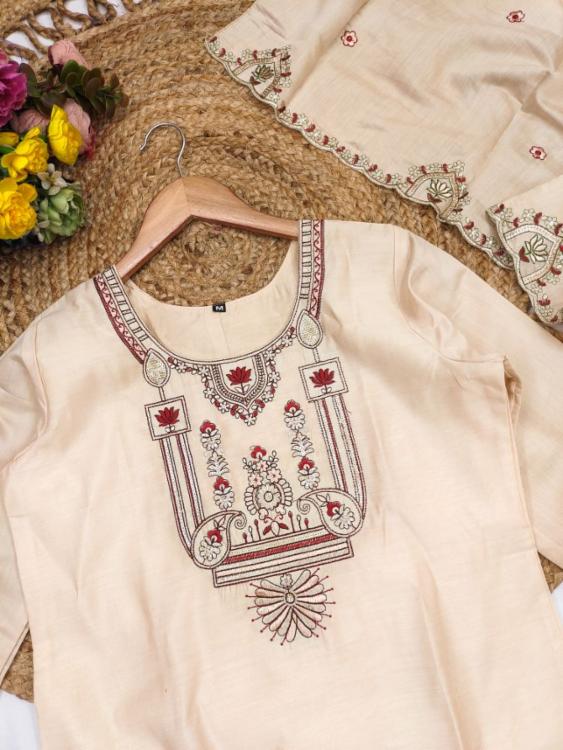 Asteyam Modal Chanderi Roman Silk Kurta Set with Embroidery!