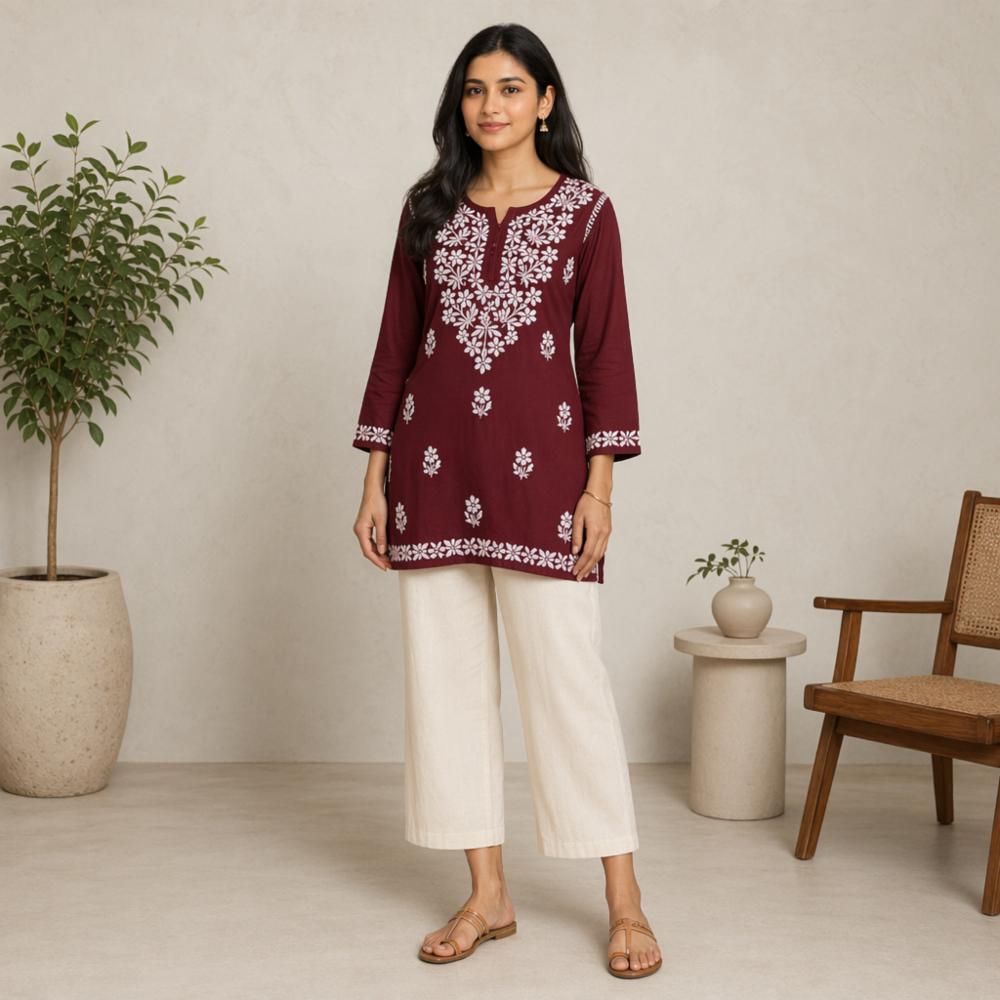 Lucknowi Handwork Chikankari Modal Short Kurti 