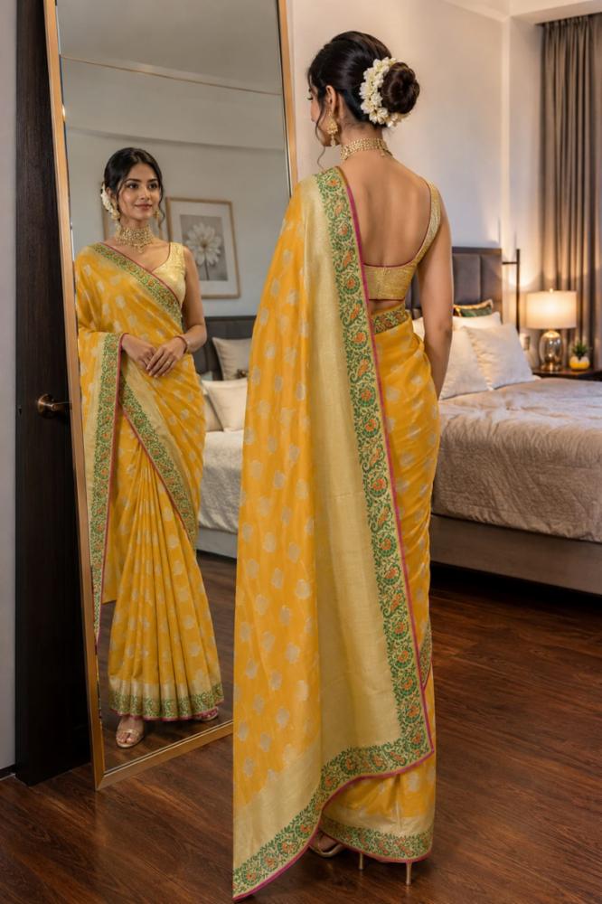 Bright Yellow Musrise Cotton Silk Saree with Floral Border!